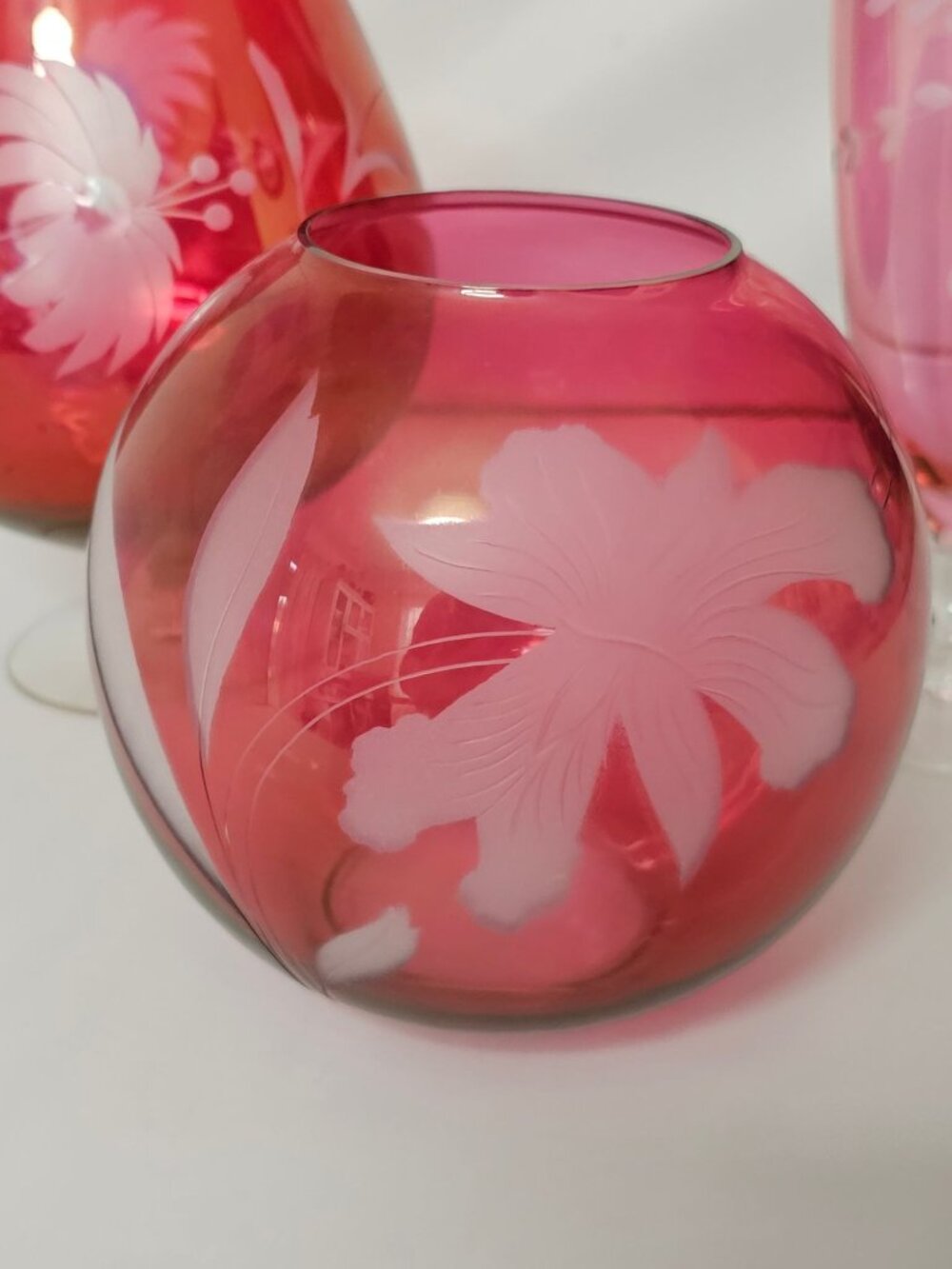 3 Cranberry Etched Floral Vase Glass vintage romantic showers weddings centerpie - Picture 10 of 11